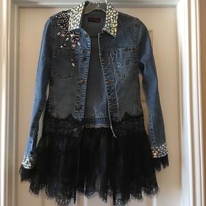 Embellished Denim Jacket with Black Lace